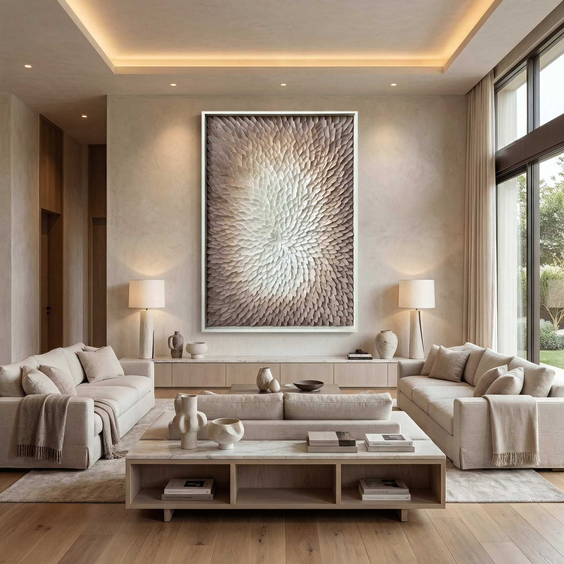 Modern living room featuring neutral-toned sofas, a wooden coffee table, minimalist decor, and floor-to-ceiling windows overlooking greenery. The Echelon Wall Art by Landmark Decor serves as a striking abstract focal point—perfect for elegant interiors.