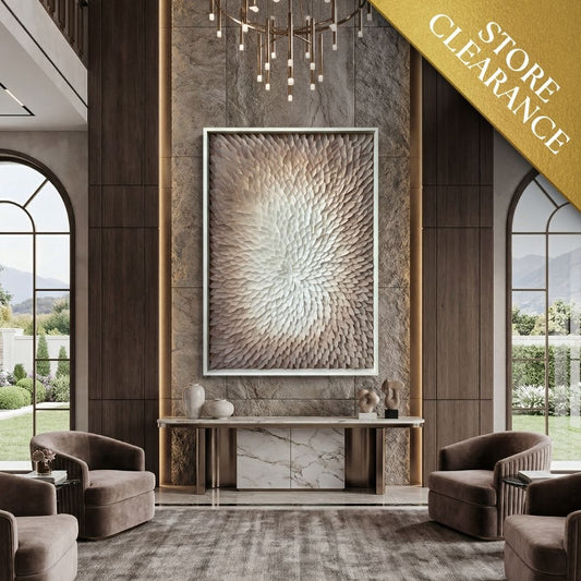 Modern living room with Landmark Decor's Echelon Wall Art, marble accents, brown armchairs, and a Store Clearance banner—ideal for anyone seeking modern decor and luxurious interior style.