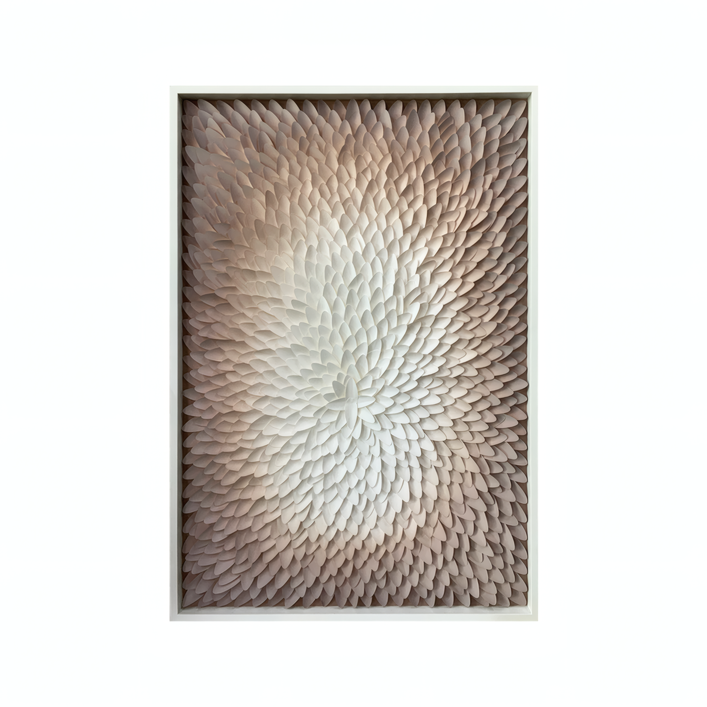 The Echelon Wall Art by Landmark Decor features layered, feather-like shapes radiating from a white center to light brown edges—an elegant framed piece ideal for luxury interiors or modern decor.