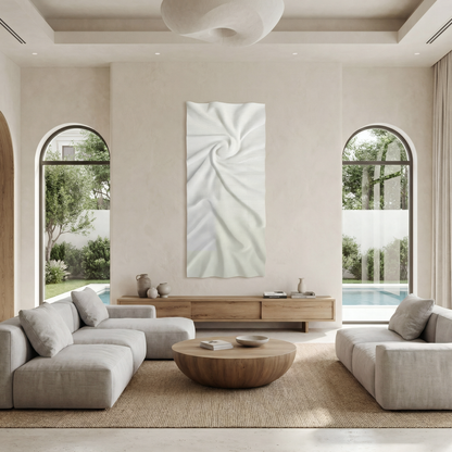 Minimalist living room with neutral-toned furniture, round wooden coffee table, luxury touches, arched windows, and a view of the pool and garden. Features Nova Wall Art - Small by Landmark Decor as standout abstract artwork.