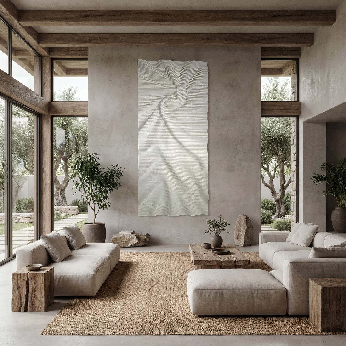 A modern living room with neutral-toned furniture, large windows, indoor plants, and the Landmark Decor Nova Wall Art - Small as a striking white abstract piece on the wall.