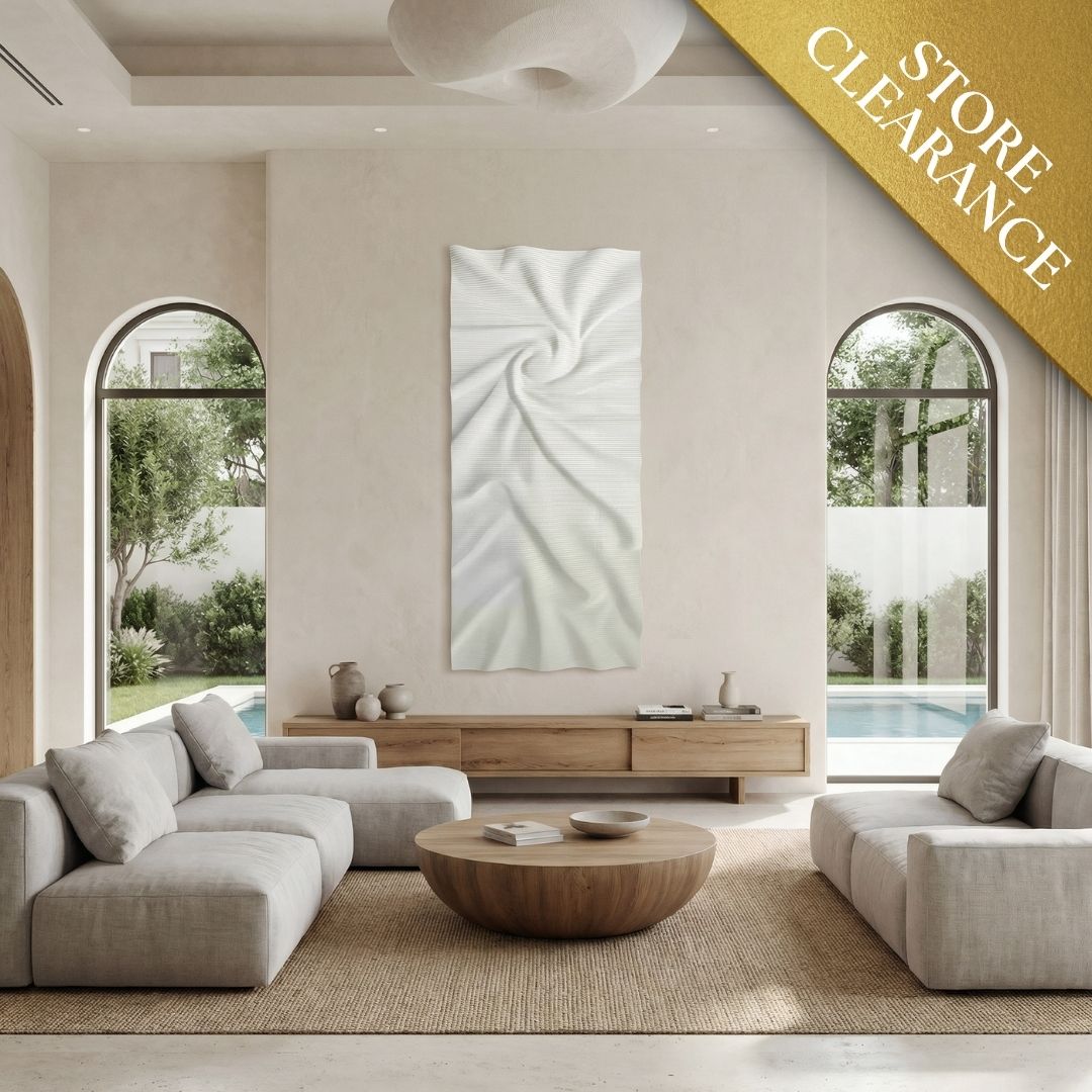 Modern living room featuring neutral furniture, a round wooden coffee table, Landmark Decor’s Nova Wall Art - Small, and arched windows with pool views. A Store Clearance banner appears in the top right corner—ideal for modern decor fans.