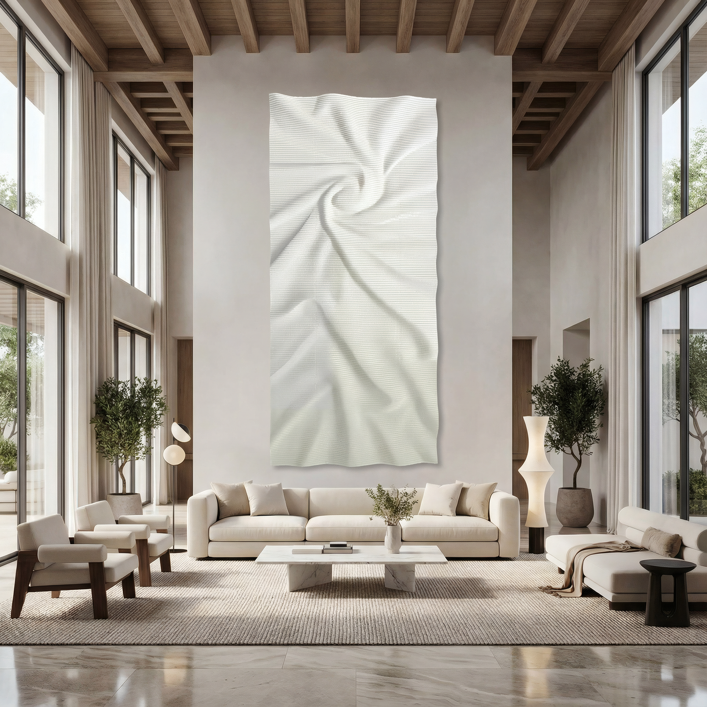 A spacious modern living room features high ceilings, large windows, neutral furniture, and the Landmark Decor Nova Wall Art - Big, adding a touch of elegance and abstract artistry to the contemporary interior.