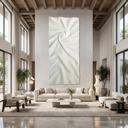 A spacious modern living room features high ceilings, large windows, neutral furniture, and the Landmark Decor Nova Wall Art - Big, adding a touch of elegance and abstract artistry to the contemporary interior.