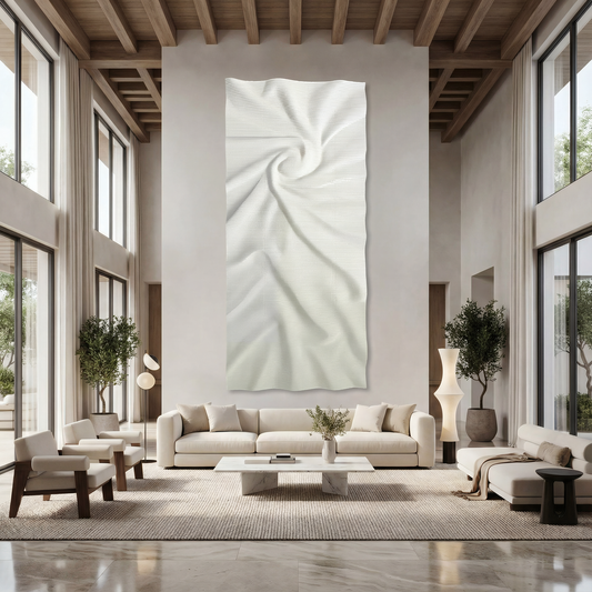 A spacious modern living room features high ceilings, large windows, neutral furniture, and the Landmark Decor Nova Wall Art - Big, adding a touch of elegance and abstract artistry to the contemporary interior.
