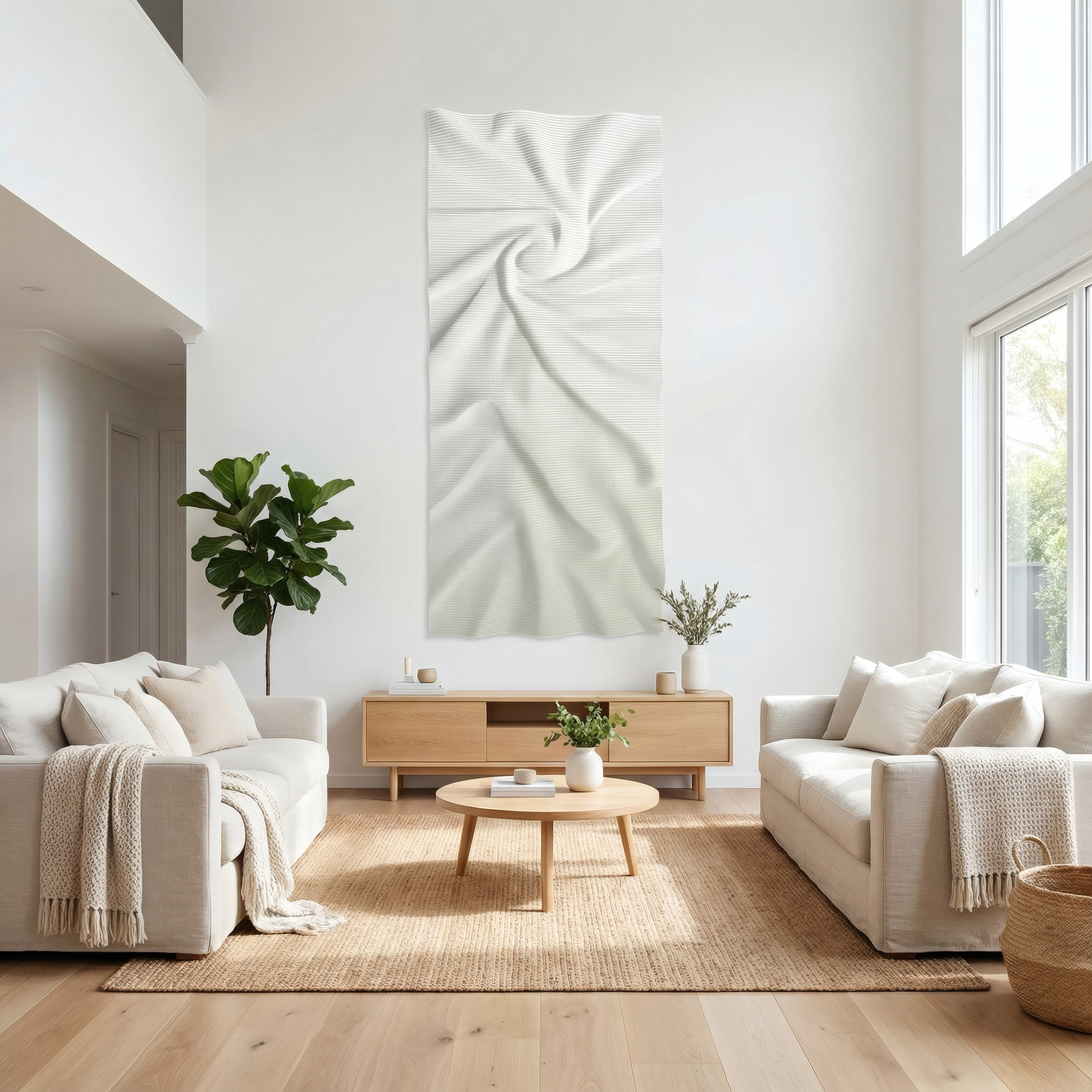 A modern living room with two white sofas, a wooden coffee table, a sideboard, the Landmark Decor Nova Wall Art - Big as abstract wall art, a decorative panel, potted plant, and large windows filling the space with natural light.