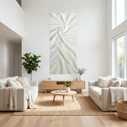 A modern living room with two white sofas, a wooden coffee table, a sideboard, the Landmark Decor Nova Wall Art - Big as abstract wall art, a decorative panel, potted plant, and large windows filling the space with natural light.