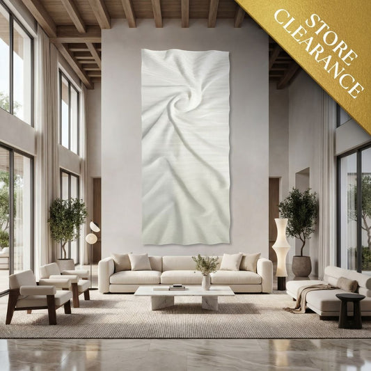 Spacious living room with tall windows, modern furniture, the Nova Wall Art - Big by Landmark Decor on display, and a gold Store Clearance banner in the top right—ideal for fans of modern decor.