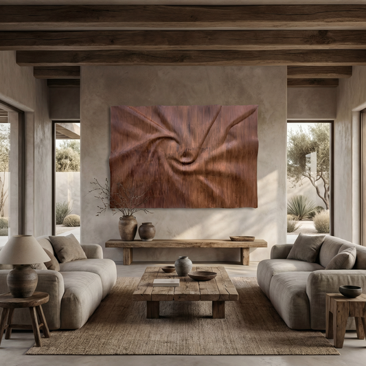 A modern living room with neutral tones features the large Aura Wall Art by Landmark Decor, rustic furniture, and expansive windows overlooking a minimalist garden.