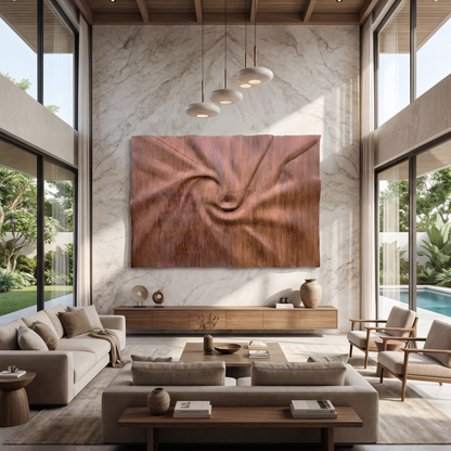 A minimalist living room with large windows, neutral furnishings, a wooden coffee table, marble accent wall, and a Landmark Decor Aura Wall Art panel featuring abstract wooden artwork above the sideboard.