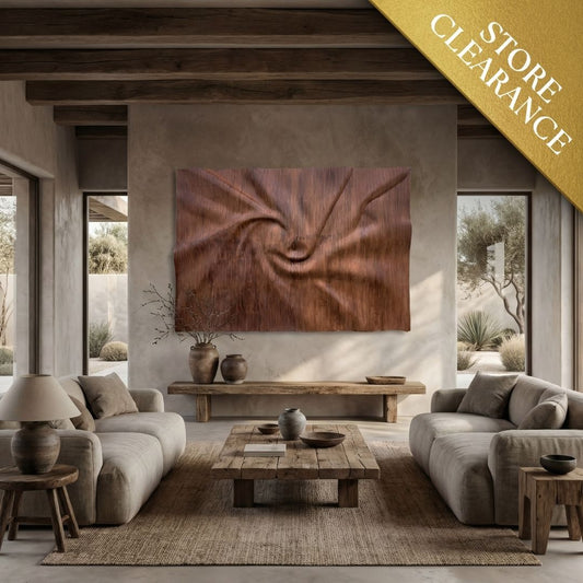 A rustic living room with neutral-toned furniture, a wooden coffee table, and the Aura Wall Art by Landmark Decor as a large decorative panel; a Store Clearance banner appears in the top right corner.