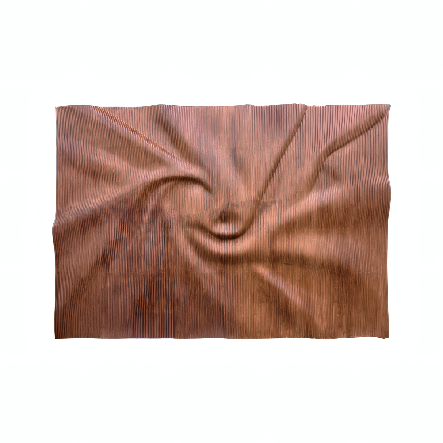 The Aura Wall Art by Landmark Decor is a rectangular copper-toned panel with a central swirl and fine vertical grooves, ideal for modern minimalist spaces, shown against a white background.