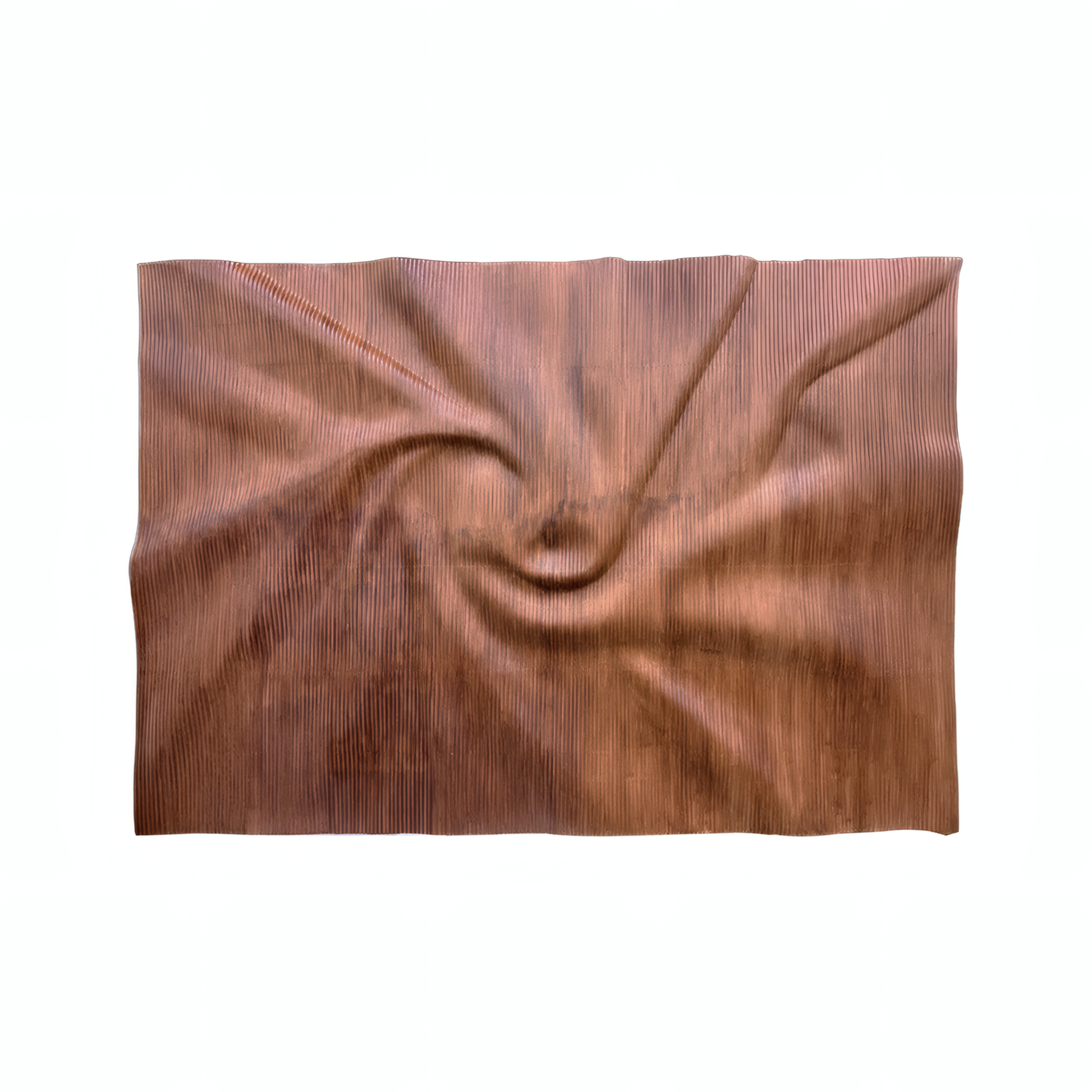 The Aura Wall Art by Landmark Decor is a rectangular copper-toned panel with a central swirl and fine vertical grooves, ideal for modern minimalist spaces, shown against a white background.