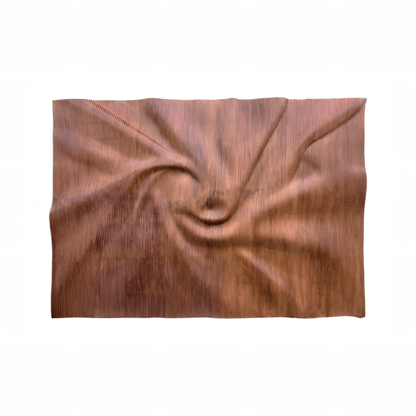 The Aura Wall Art by Landmark Decor is a rectangular copper-toned panel with a central swirl and fine vertical grooves, ideal for modern minimalist spaces, shown against a white background.