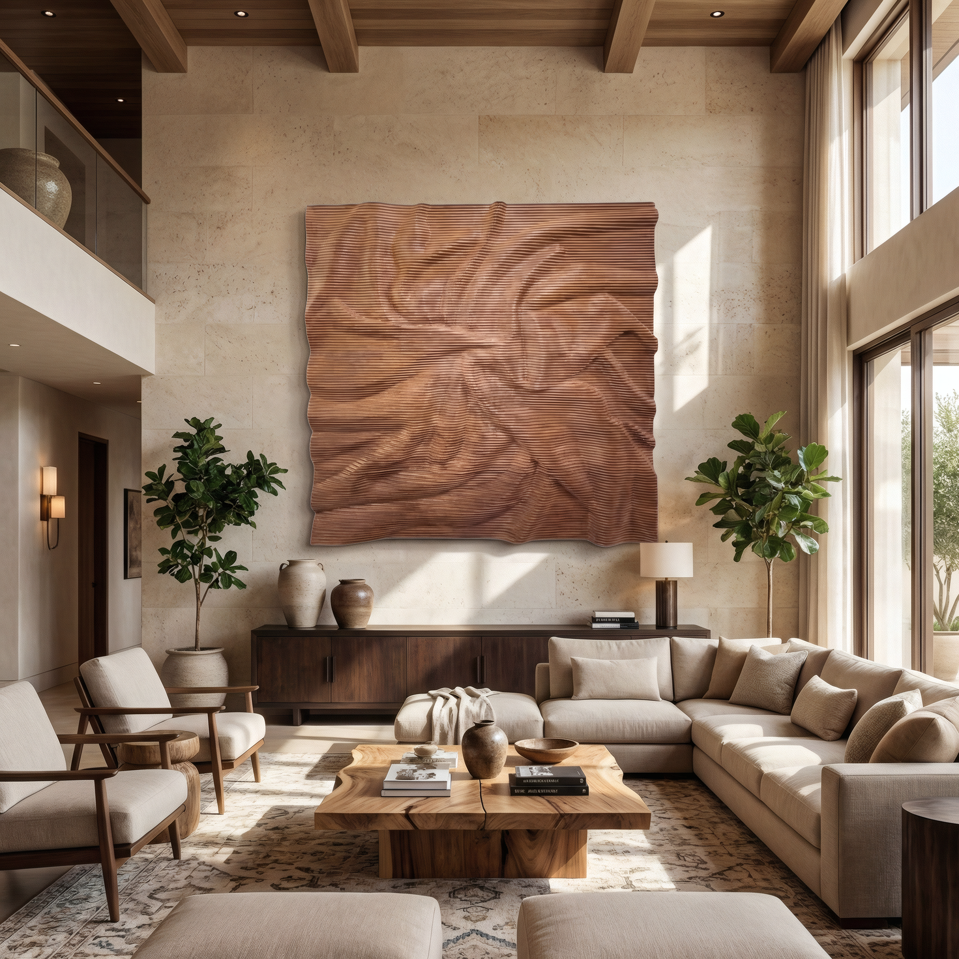 A spacious, modern living room with large windows, beige sofas, wooden furniture, indoor plants, and a luxury touch featuring the Landmark Decor Vertex Wall Art - Small above a console table.