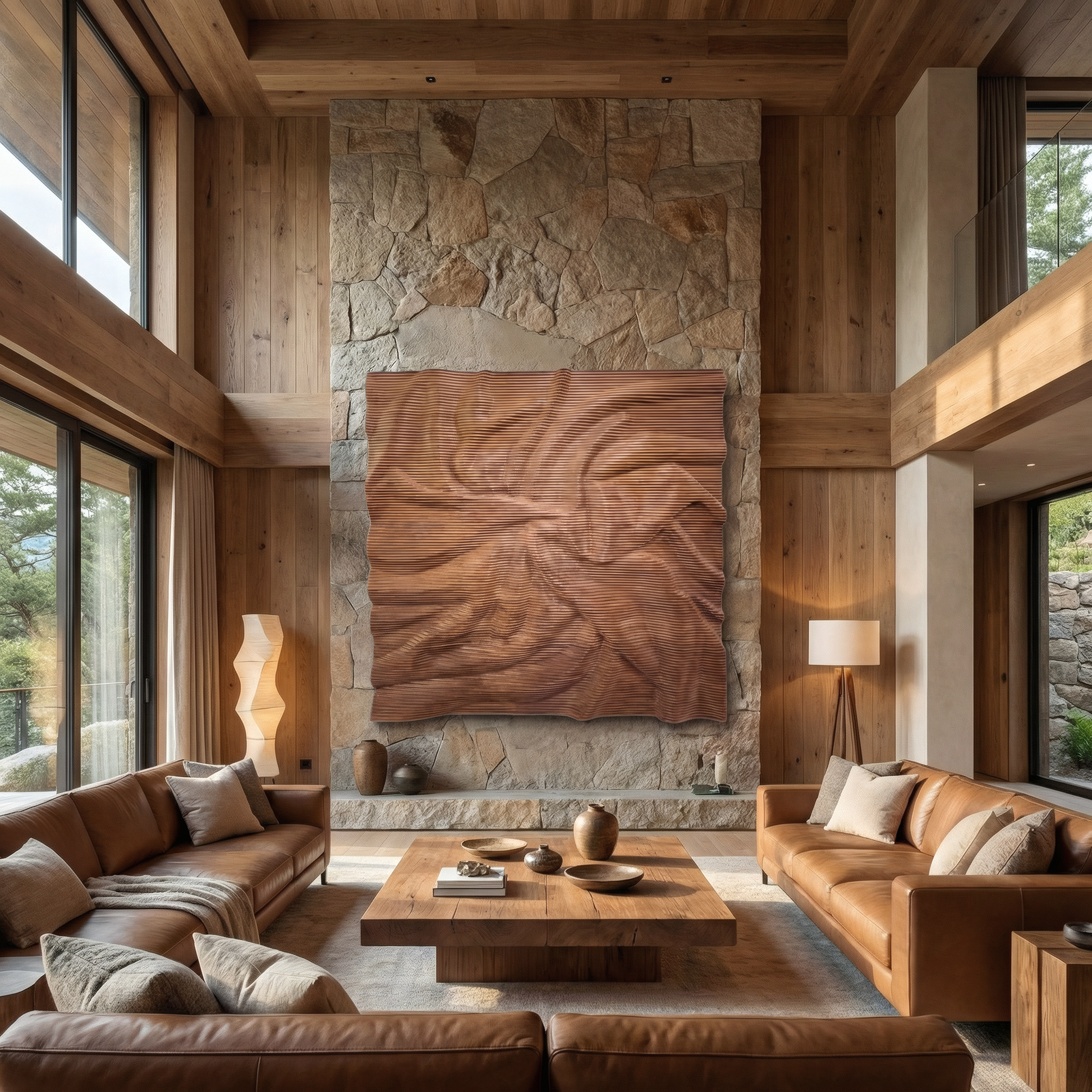 Spacious living room with high ceiling, luxury interior, large stone accent wall, and modern decor. Landmark Decor's Vertex Wall Art - Small adds abstract style above tan leather sofas and a wooden coffee table. Natural light fills the space.