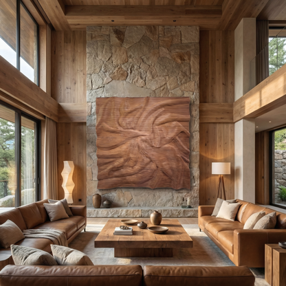 Spacious living room with high ceiling, luxury interior, large stone accent wall, and modern decor. Landmark Decor's Vertex Wall Art - Small adds abstract style above tan leather sofas and a wooden coffee table. Natural light fills the space.