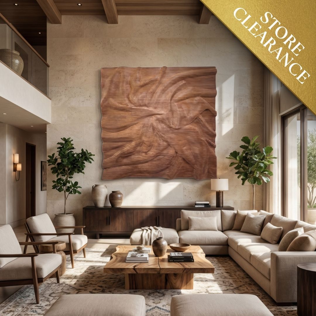 Modern living room with beige furniture, indoor plants, and the Landmark Decor Vertex Wall Art - Small on the wall. Store Clearance banner in top right corner—perfect for elevating your interior spaces.