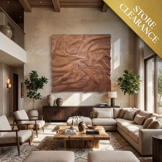 Modern living room with beige furniture, indoor plants, and the Landmark Decor Vertex Wall Art - Small on the wall. Store Clearance banner in top right corner—perfect for elevating your interior spaces.