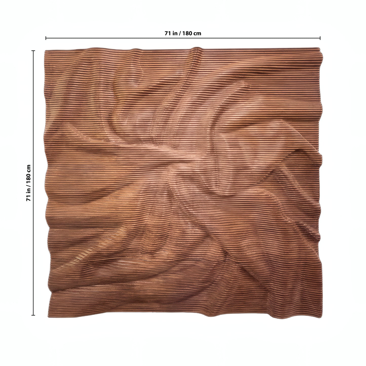 The Vertex Wall Art - Big by Landmark Decor is a square, brown pleated panel (71 inches/180 cm per side) shown with measurement lines, ideal for modern interior decor.