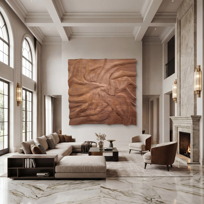 Spacious living room with marble floors, modern furniture, a fireplace, and Landmark Decor’s Vertex Wall Art - Big as a striking abstract wooden feature—ideal for those who value refined interiors.