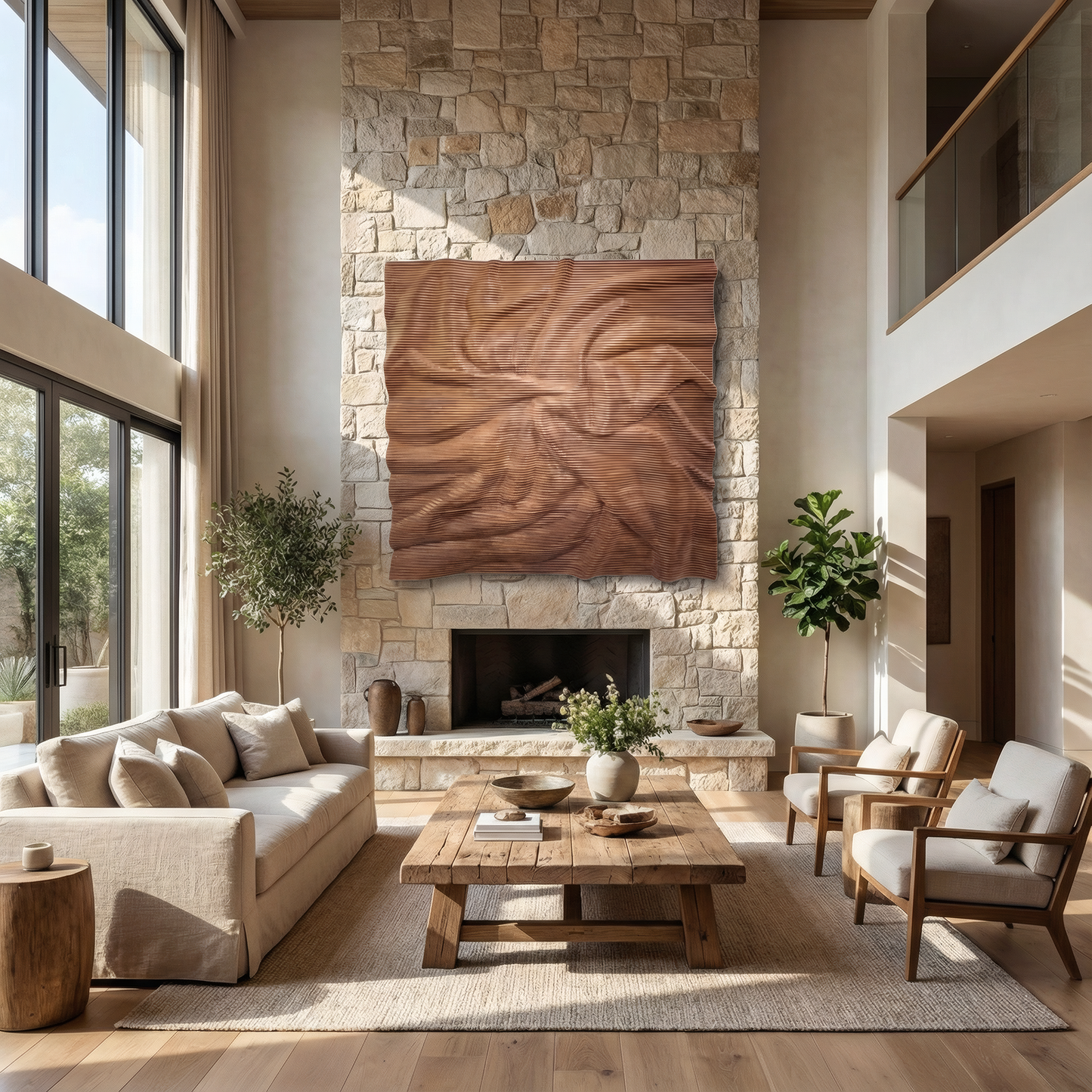 A modern living room with beige sofas, a wooden coffee table, large windows, potted plants, and a stone fireplace topped with the Landmark Decor Vertex Wall Art - Big adds style to the modern decor.