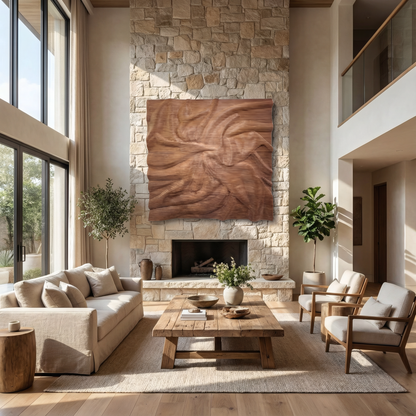 A modern living room with beige sofas, a wooden coffee table, large windows, potted plants, and a stone fireplace topped with the Landmark Decor Vertex Wall Art - Big adds style to the modern decor.