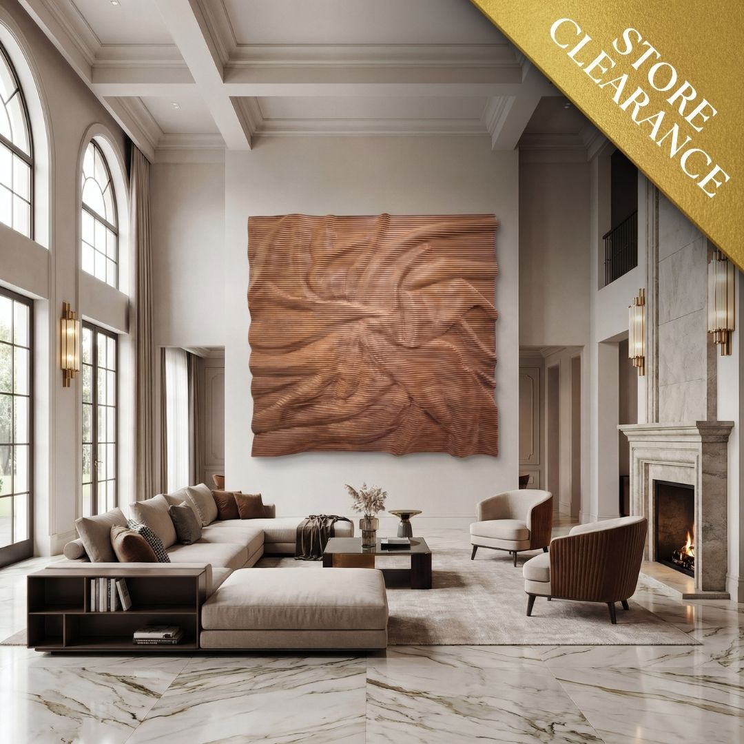 Modern living room with high ceilings, large windows, marble floors, and a fireplace; features the Vertex Wall Art - Big by Landmark Decor as a wood wall accent and a Store Clearance banner in the top right corner.