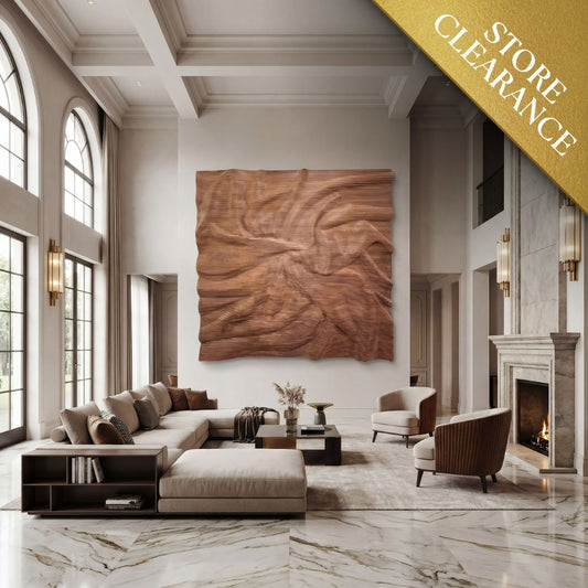 Modern living room with high ceilings, large windows, marble floors, and a fireplace; features the Vertex Wall Art - Big by Landmark Decor as a wood wall accent and a Store Clearance banner in the top right corner.
