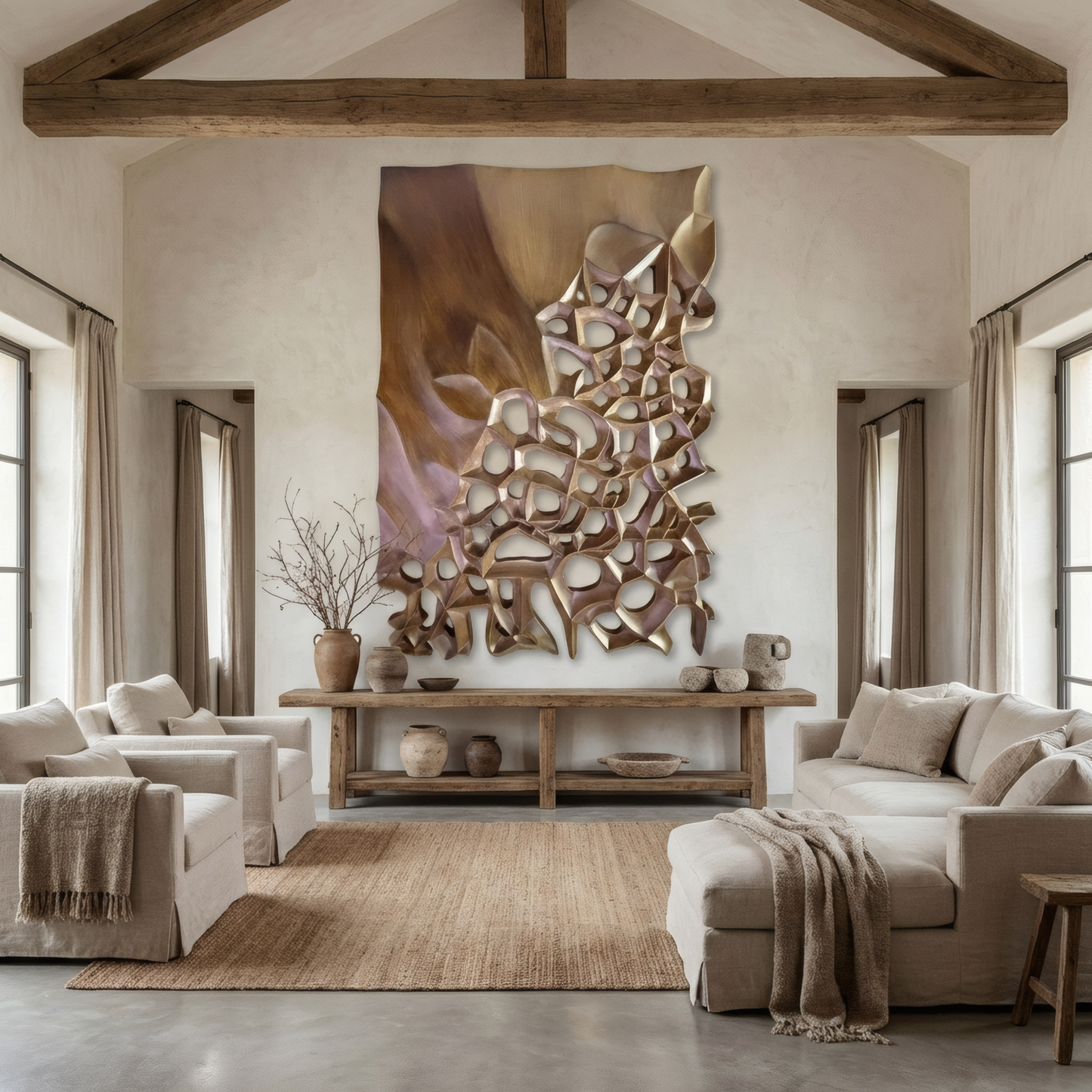 A neutral-toned living room with beige sofas, a wooden console table, and modern accents is anchored by the large Landmark Decor Echo Wall Art displayed beneath exposed ceiling beams.