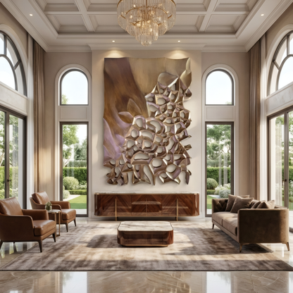 A spacious, elegant living room with high ceilings, large windows, brown leather seating, a central coffee table, and the Echo Wall Art by Landmark Decor as a stylish decorative panel enhancing the modern decor.