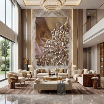 A spacious, modern living room with tall windows, neutral-toned furniture, a Landmark Decor Echo Wall Art as an abstract wall sculpture, and a crystal chandelier—perfect for fans of stylish modern interiors.