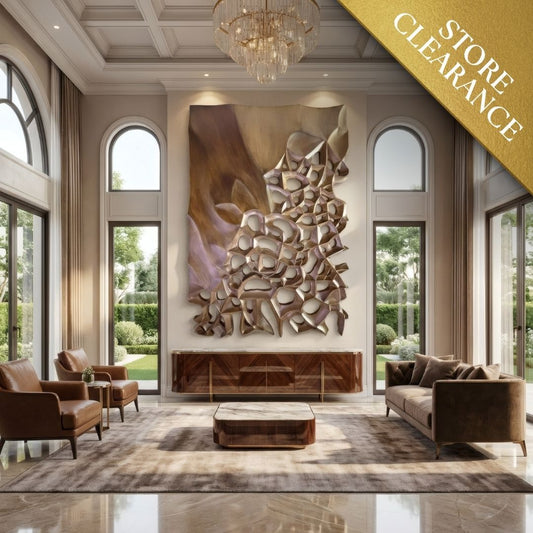 Elevate your modern living room with Echo Wall Art by Landmark Decor, paired with brown leather sofas, a marble coffee table, tall windows, and a Store Clearance banner—an ideal choice for stylish interior spaces.