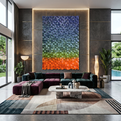 A modern living room featuring the Flux Wall Art by Landmark Decor, a velvet sectional sofa, geometric rug, marble coffee table, floor lamps, and indoor plants; pool visible through glass doors.