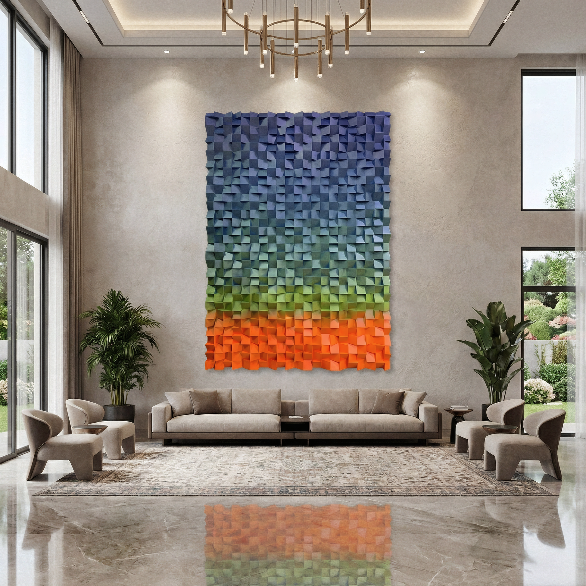 A modern living room featuring beige sofas, armchairs, tall plants, and the Flux Wall Art by Landmark Decor in blue, green, and orange adds vibrant elegance to the interior’s modern style.