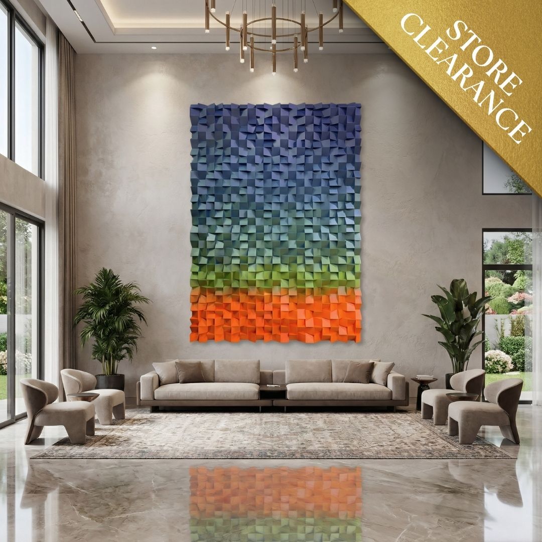Modern living room with beige sofas, Landmark Decor's Flux Wall Art on the wall, large windows, indoor plants, and a gold “STORE CLEARANCE” banner in the top right corner.