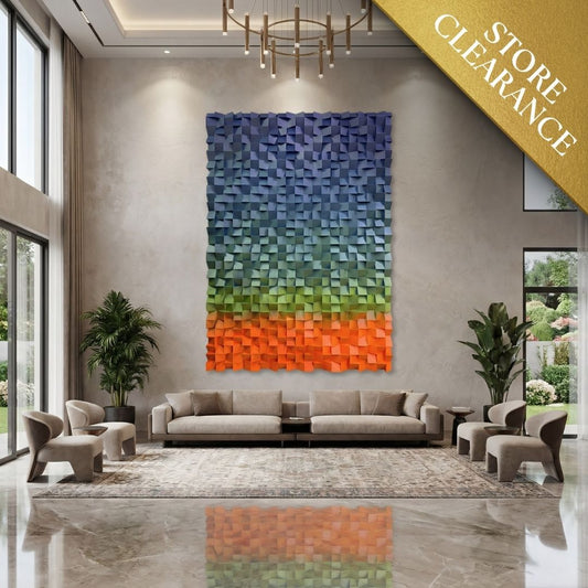Modern living room with beige sofas, Landmark Decor's Flux Wall Art on the wall, large windows, indoor plants, and a gold “STORE CLEARANCE” banner in the top right corner.