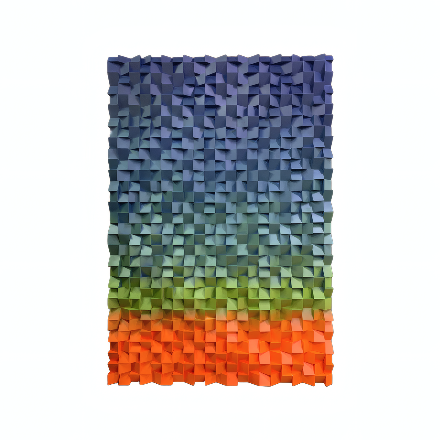 The Flux Wall Art by Landmark Decor features a grid of 3D square tiles with colors blending from deep blue at the top to green and orange below, ideal for adding a modern touch to any interior space.