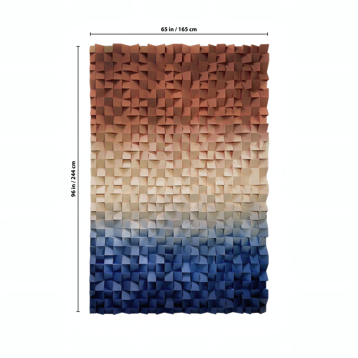 Landmark Decor’s Axis Wall Art is a 65" x 96" rectangular panel with a 3D geometric pattern and gradient colors from brown to blue—ideal for adding modern style to your interior space.