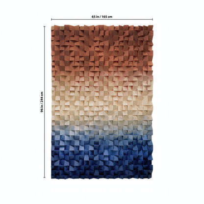 Landmark Decor’s Axis Wall Art is a 65" x 96" rectangular panel with a 3D geometric pattern and gradient colors from brown to blue—ideal for adding modern style to your interior space.