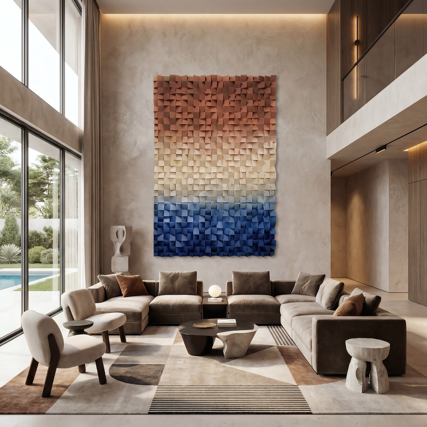 A modern living room featuring a large sectional sofa, neutral palette, geometric rug, and Axis Wall Art by Landmark Decor, accented with floor-to-ceiling windows overlooking the pool—ideal for elegant interiors.