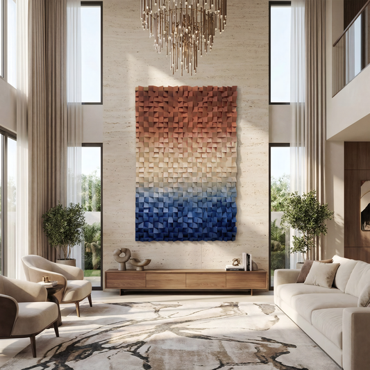 A modern living room showcases the Axis Wall Art by Landmark Decor—a tall decorative panel with abstract brown-to-blue gradients—paired with neutral furnishings, large windows, and a geometric chandelier to elevate contemporary interiors.