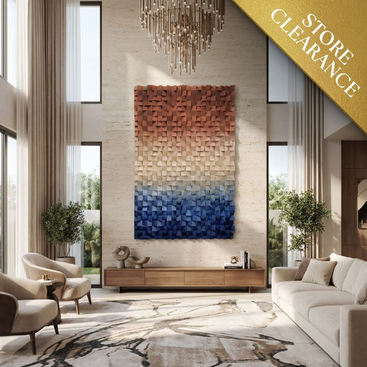 Modern living room featuring Landmark Decor's Axis Wall Art in blue and brown, neutral furniture, tall windows, plants, and a “Store Clearance” banner—ideal for anyone seeking stylish modern decor.