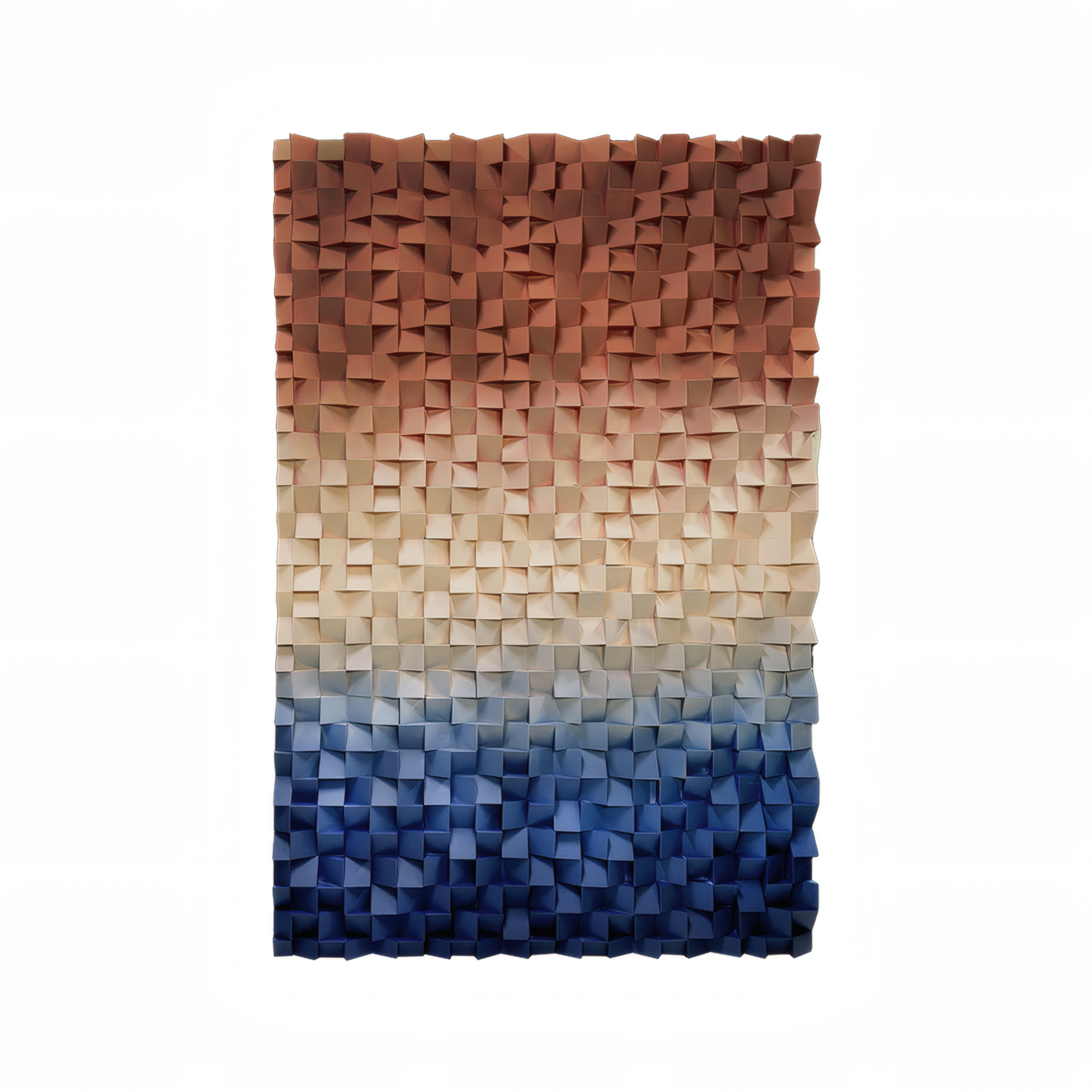 The Axis Wall Art by Landmark Decor features small, folded squares in a gradient from brown to beige to blue, creating a striking modern accent for interiors against a white background.