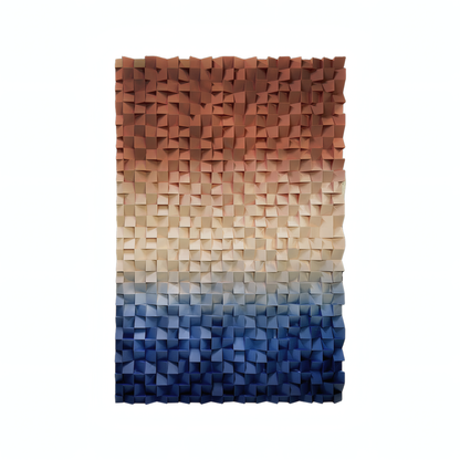 The Axis Wall Art by Landmark Decor features small, folded squares in a gradient from brown to beige to blue, creating a striking modern accent for interiors against a white background.