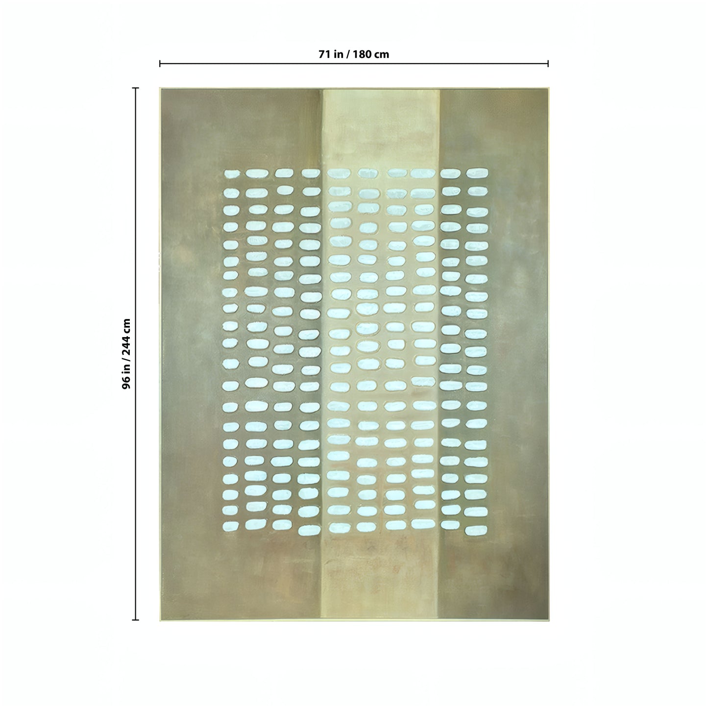 Pulse Wall Art by Landmark Decor features a grid of white ovals on a brown and beige background. Measuring 71" x 96", this modern panel is ideal for enhancing any contemporary interior space.