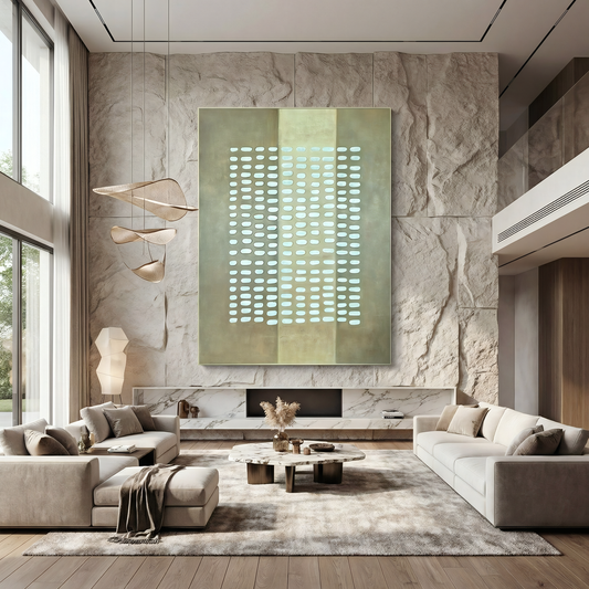 A modern living room featuring neutral-toned furniture, floor-to-ceiling windows, layered stone walls, a sculptural pendant light, and Landmark Decor’s Pulse Wall Art—a striking addition for stylish contemporary interiors.