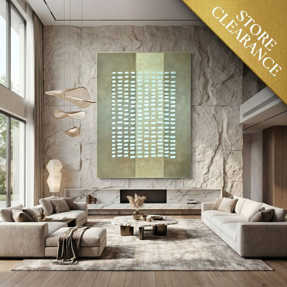 Modern living room with neutral-toned furniture, a decorative panel complementing the Pulse Wall Art by Landmark Decor, and large windows; gold STORE CLEARANCE banner displayed in the top right corner.