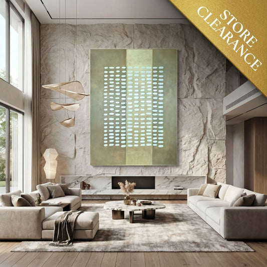 Modern living room with neutral-toned furniture, a decorative panel complementing the Pulse Wall Art by Landmark Decor, and large windows; gold STORE CLEARANCE banner displayed in the top right corner.