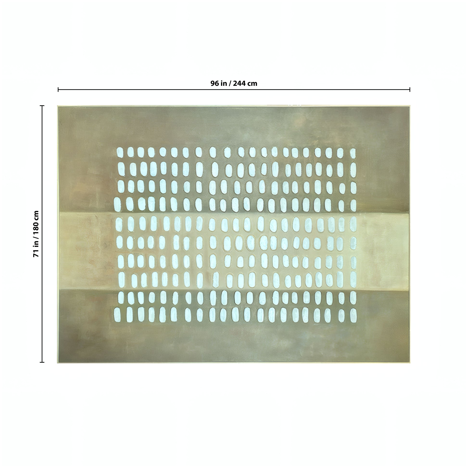 Pulse Wall Art by Landmark Decor features abstract rows of white ovals on a muted brown and beige backdrop; measuring 96 in (244 cm) wide by 71 in (180 cm) tall, it's ideal as a striking decorative piece for modern interiors.